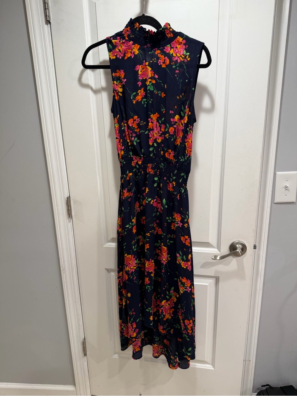 Nanette Lepore Size 8 Navy Floral Maxi Dress Smocked Waist High Neck Sleeveless